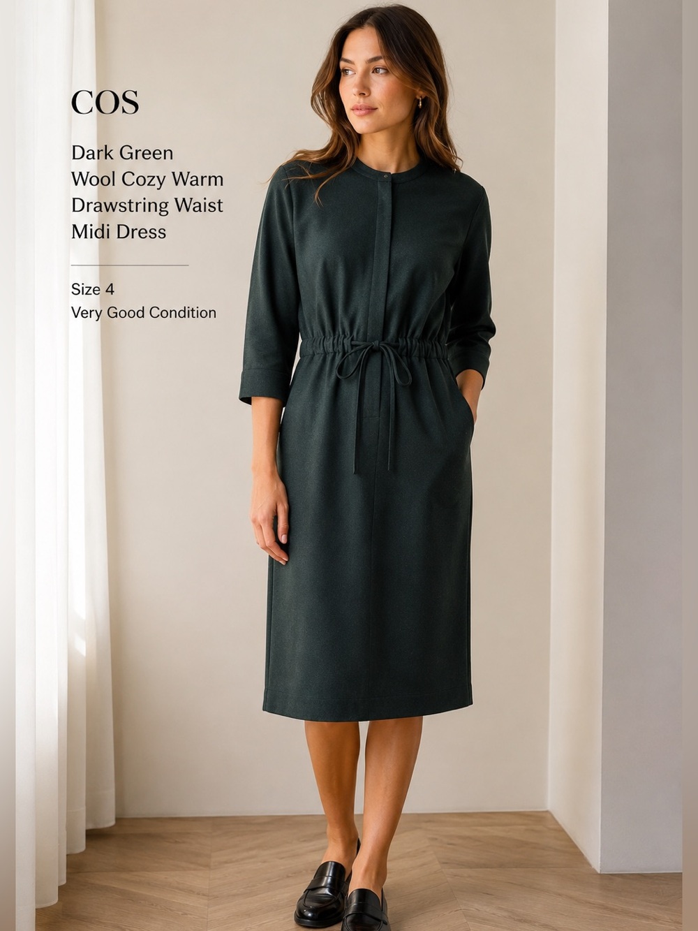 COS Dark Green Wool Drawstring Waist Midi Dress Size 4 Minimalist Career